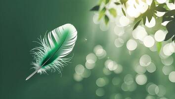 Bright green feather floating gently amidst soft bokeh lights in a serene natural setting photo