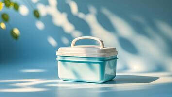 Bright blue container sits on a surface with gentle shadows and soft light in a serene setting photo