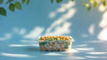 Colorful salad in a clear container placed on a blue surface surrounded by soft sunlight and shadows cast by nearby leaves photo