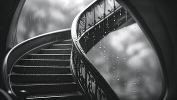 Spiral staircase with intricate railings surrounded by rain and soft light in a cozy indoor space photo