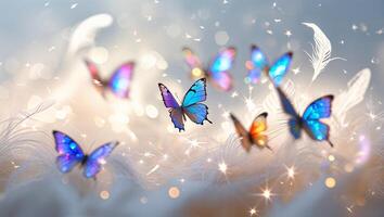 Colorful butterflies fluttering gracefully in a dreamy setting with shimmering lights and soft feathers photo
