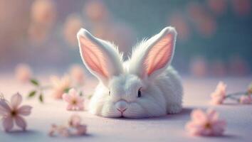 Cute fluffy white rabbit resting among soft pink flowers in a serene setting during springtime photo