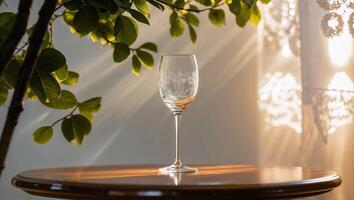 Elegant glass on wooden table surrounded by greenery and soft sunlight in a tranquil indoor setting photo