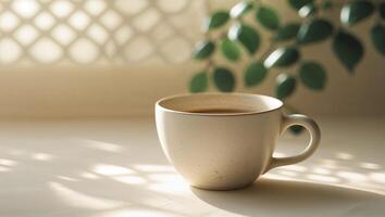 Warm cup of coffee resting on a table with shadows and green leaves in a serene indoor setting photo