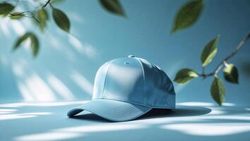 Stylish light blue cap resting on a soft surface with natural light filtering through leaves photo