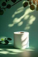 Innovative presentation of a roll of paper towels with natural greenery and soft light photo