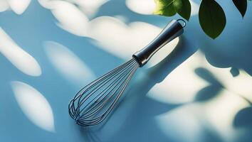 Whisk resting on a surface with soft shadows cast by green leaves in a bright kitchen setting photo