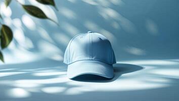 Light blue cap resting on a minimalist surface with soft shadows from nearby foliage in bright daylight photo