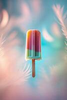 Colorful layered popsicle held against a soft pastel background in a summer setting photo