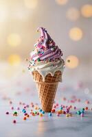 Delicious ice cream cone topped with colorful sprinkles in a bright setting photo