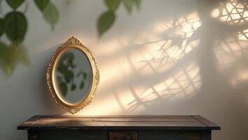 Elegant vintage mirror casting soft shadows on a wooden tabletop illuminated by natural light in a serene indoor setting photo