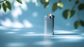 Silver lighter placed on a table illuminated by soft sunlight with leaves in the background photo