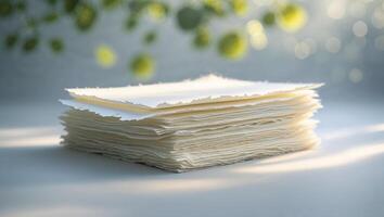 Handmade paper stack illuminated by natural light in a serene setting during the daytime photo