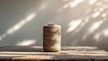 Natural twine spool rests on rustic wooden table illuminated by soft sunlight with shadows casting a serene atmosphere photo