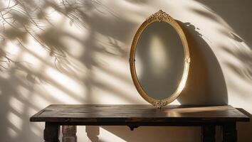 Elegant golden mirror casting soft shadows in a sunlit room with rustic wooden table photo