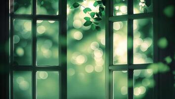 Soft green light filters through open windows showcasing a lush natural environment in a serene indoor space photo