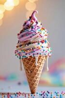 Colorful ice cream cone topped with sweet sprinkles on a bright background in a festive setting photo