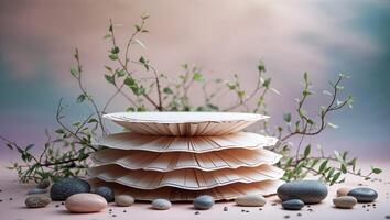 Stacked paper plates surrounded by pebbles and greenery during a serene outdoor setting at sunset photo