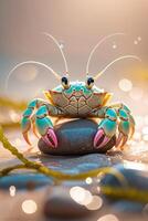 Crab resting on a smooth stone near the shore during sunset with droplets of water reflecting light photo
