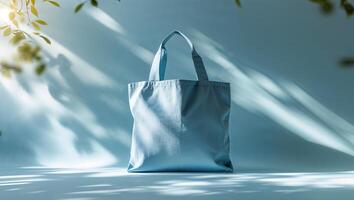 Light blue tote bag displayed with natural shadows creating a tranquil atmosphere in a bright setting photo