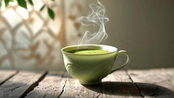 Steam rises from a green tea cup placed on a rustic wooden table near a softly lit window photo