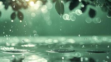 Raindrops create ripples on water surface in tranquil green environment during serene afternoon photo