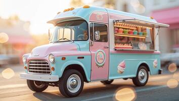 Vintage ice cream truck parked on a sunny street with colorful treats displayed on a warm afternoon photo