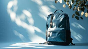 Blue backpack resting on a light background with leaves, showcasing design and color in a calm setting photo