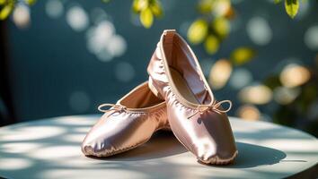 Ballet slippers positioned elegantly on a table illuminated by soft sunlight in a peaceful outdoor setting photo