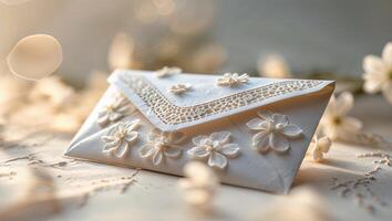 Elegant white envelope adorned with floral designs on rustic background in soft natural light photo