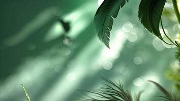 Lush green leaves illuminated by soft sunlight with bokeh effect creating a tranquil atmosphere in a natural setting photo