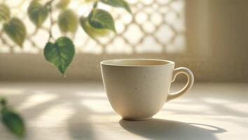 Warm cup of coffee resting on a table with shadows and green leaves in a serene indoor setting photo