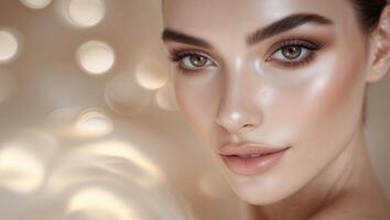 Beautiful close-up of a model showcasing natural makeup and glowing skin in a soft-lit setting photo