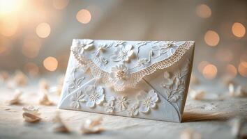 Elegant wedding invitation envelope adorned with intricate floral designs and delicate lace in a softly lit setting photo