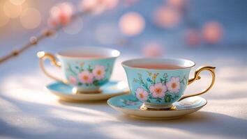 Elegant floral tea cups resting on a soft surface with blurred blossoms in the background during daylight photo