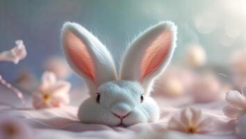 Cute white rabbit resting among delicate flowers in a serene setting with soft lighting photo