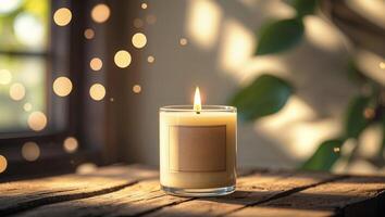 Warm candle glowing on wooden table with soft light and greenery in a cozy indoor setting photo