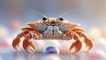 Close-up of a vibrant crab on a beach during sunset highlighting its intricate details and natural habitat photo