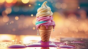 Colorful ice cream cone melting under warm sunlight creates a delightful summer treat scene at a local park photo