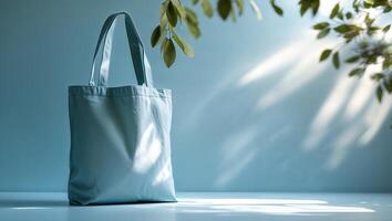 Beautiful canvas tote bag on display with soft natural lighting and greenery in the background photo