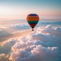 Hot air balloon floats above clouds during sunset with colorful patterns photo