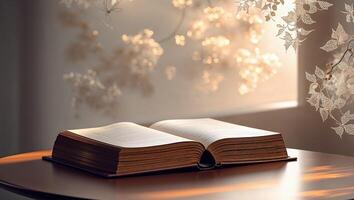 Light streams through a window illuminating an open book on a wooden table surrounded by soft floral decor photo