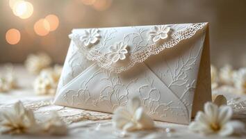 Elegant white envelope with floral design placed on a soft surface surrounded by small decorative flowers photo