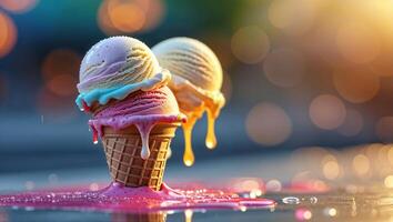 Colorful ice cream cones melting under warm sunlight in a summer setting photo