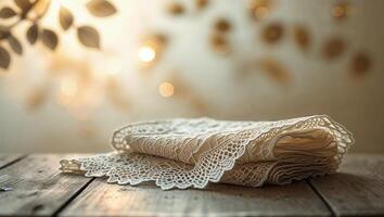 Delicate lace napkin beautifully arranged on a rustic wooden table with soft warm lighting in the background photo