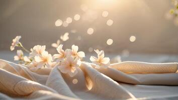 Delicate cherry blossoms placed on soft fabric glowing in warm sunlight at dawn with sparkling bokeh effect photo