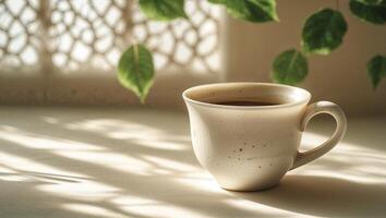 Warm cup of coffee resting on a table with shadows and green leaves in a serene indoor setting photo