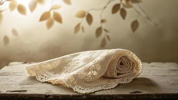 Delicate lace tablecloth elegantly folded on rustic wooden table with soft backlighting and leaf patterns photo