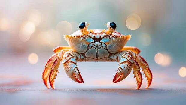 Unique close-up of a small crab showcasing its vivid colors and distinct features in a tranquil setting photo