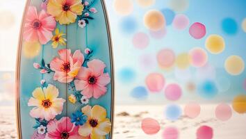 Beautiful floral surfboard displayed against sunny beach background with colorful bokeh effects during daytime photo